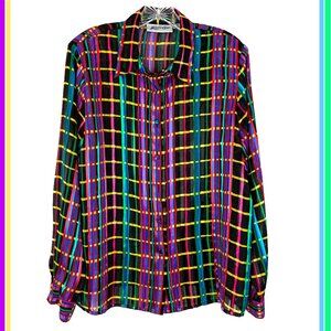 Vintage Yves St Clair Semi-Sheer Multicolor Striped Shirt Blouse Office Sz 14